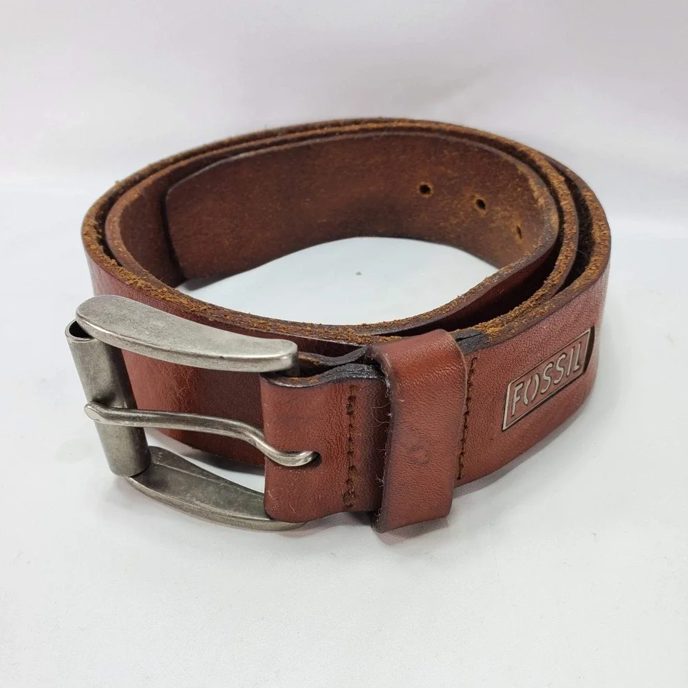 Vintage Fossil Brown Leather Belt Silver Buckle Men's Size 40/100 Jeans Cowboy